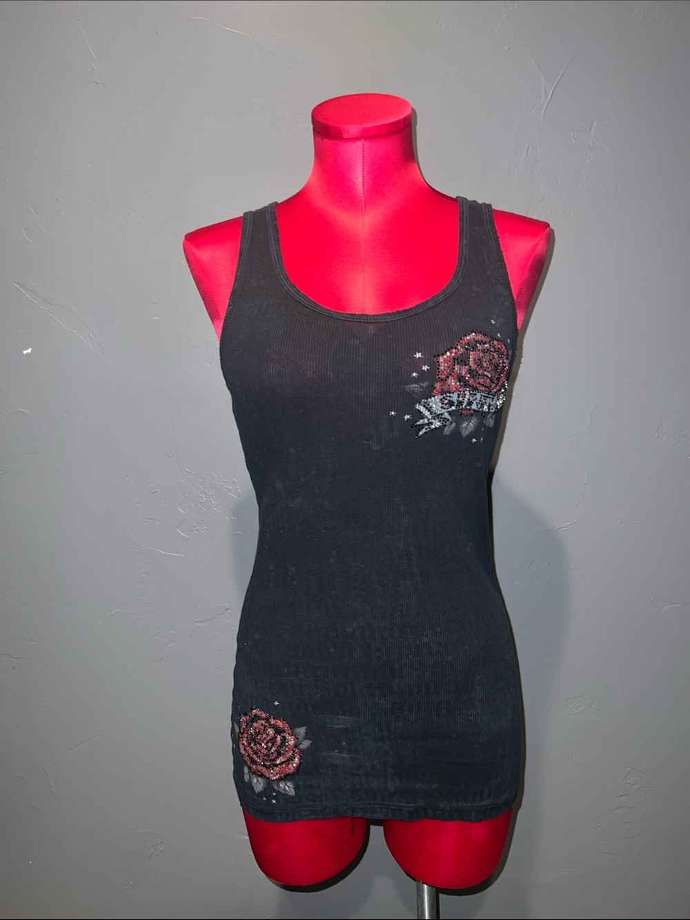 Vintage Sinful ribbed tank top with bling red roses & wings